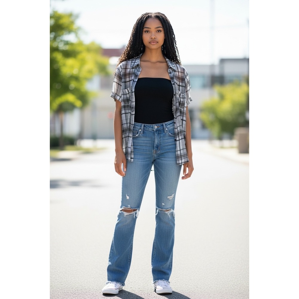 GUESS Women's M Sheer Plaid Button Front Shirt Black Gray White Roll Tab Sleeve